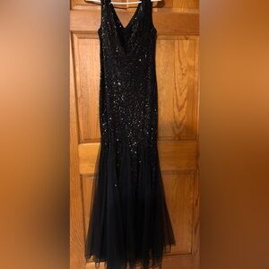 Black Sequin Mesh Evening Gown - Women